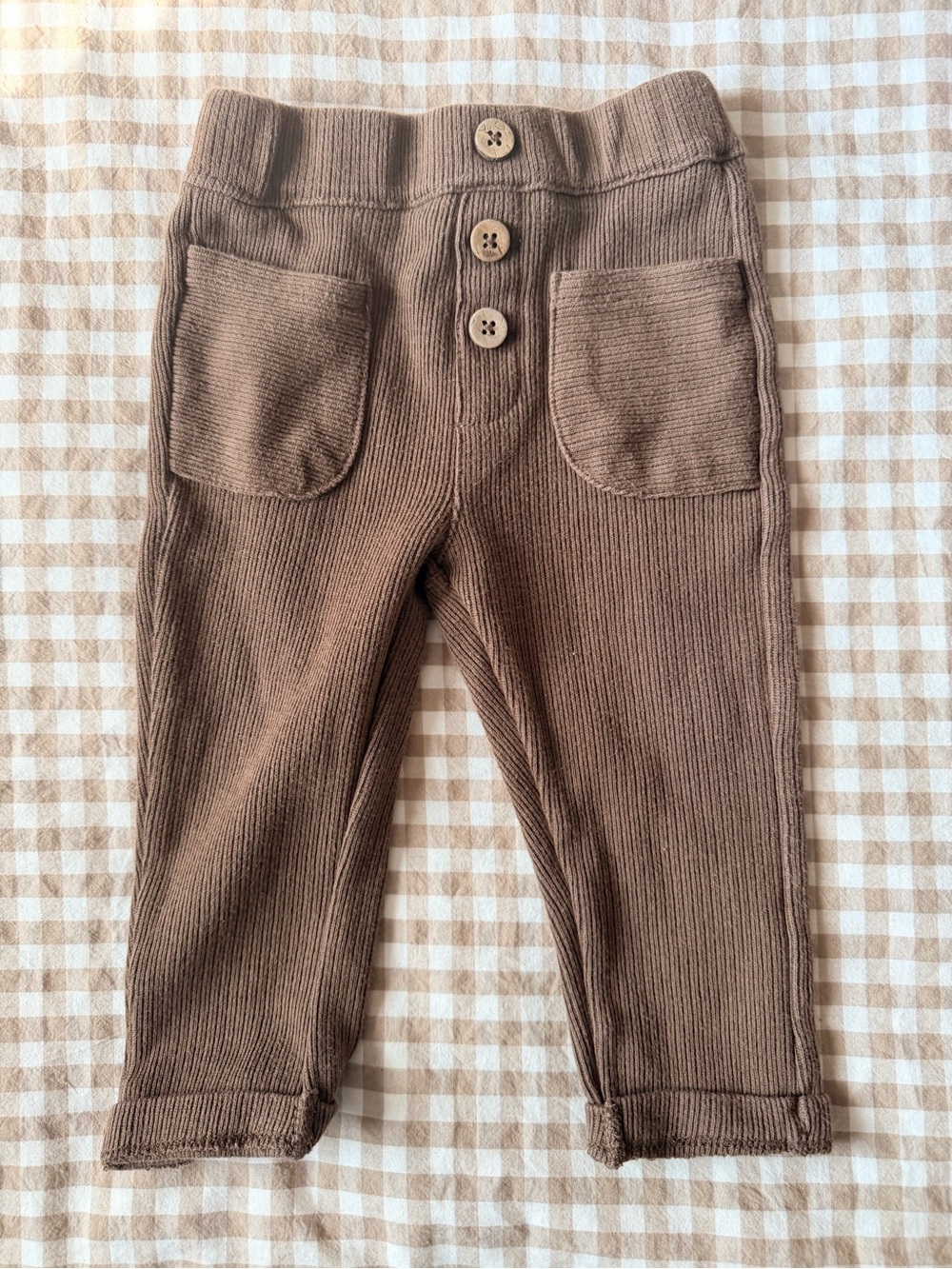 Ribbed Brown Kids Leggings with Front Pockets